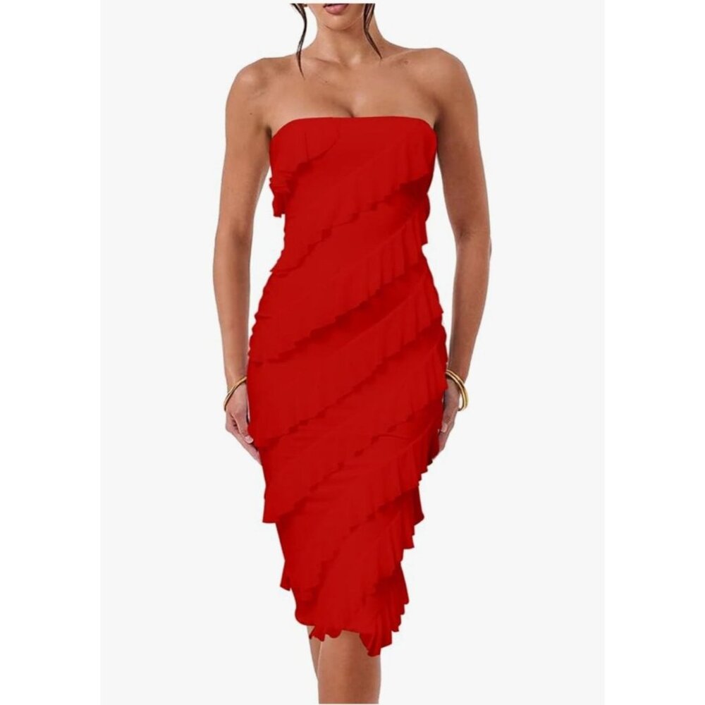 Womens Med Strapless Red Ruffle Midi Cocktail Dress Party Christmas Valentines